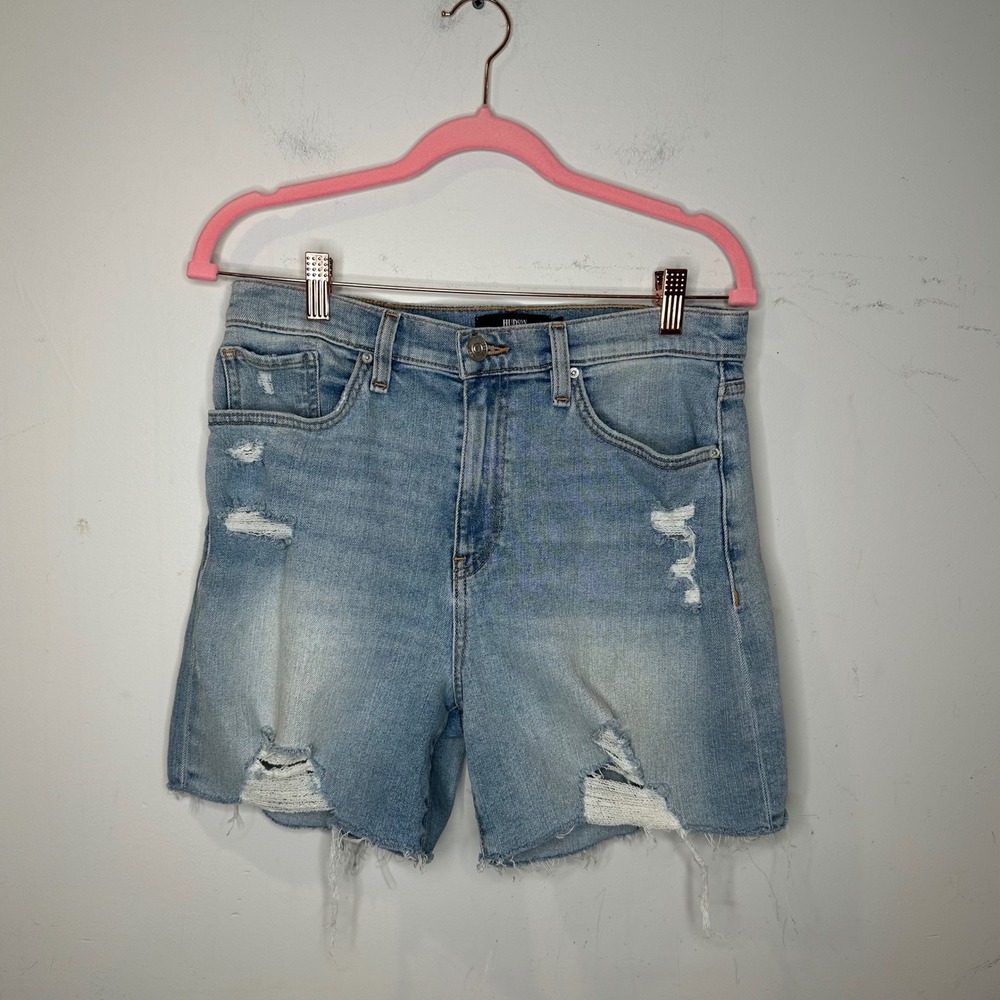 Hudson Devon Biker Short Light Wash Distressed Denim Cut Off Jean Shorts Jort 28